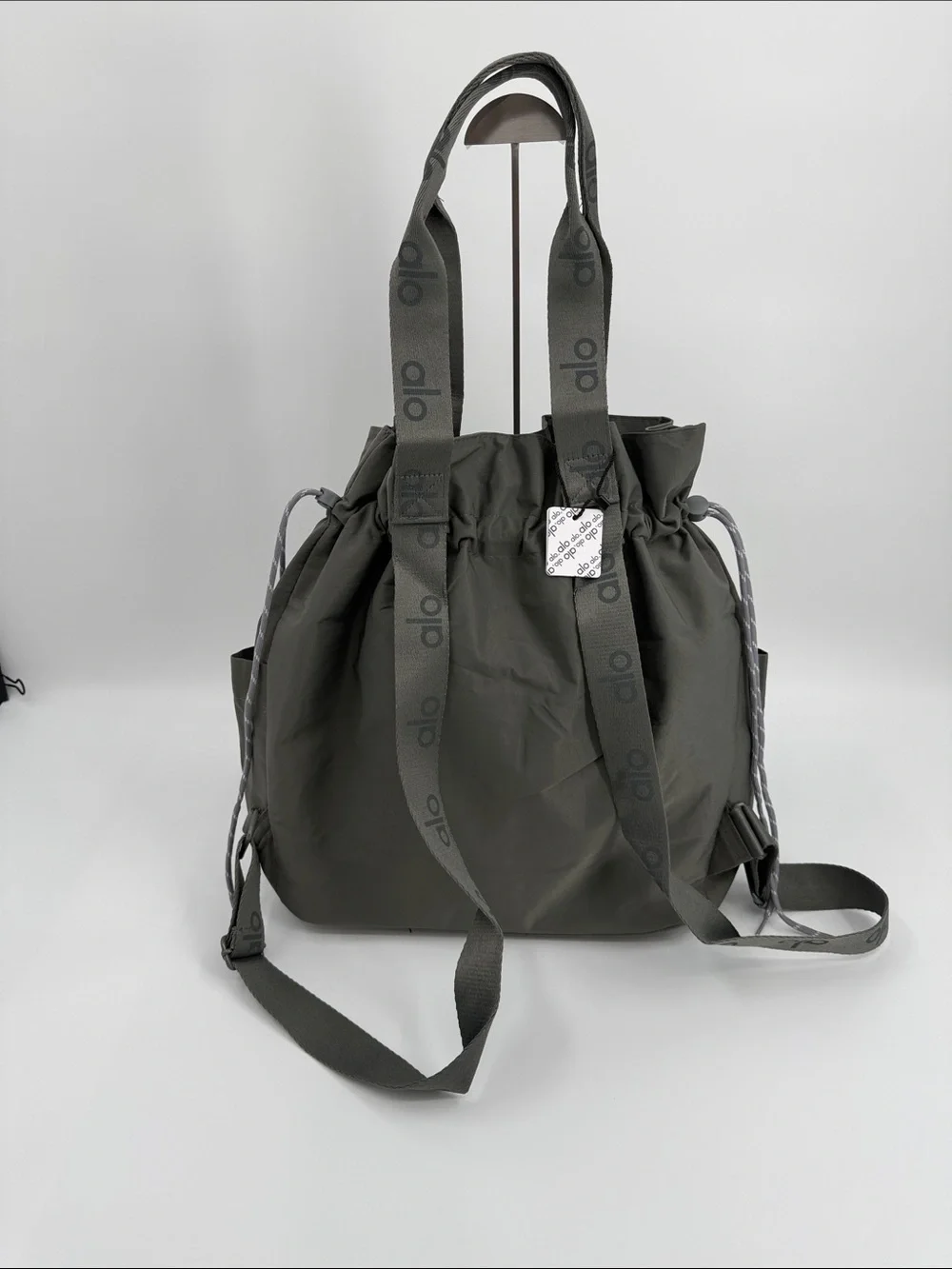 ALO Yoga Canvas Gray Drawstring Messenger Backpack Convertible Tote Bag